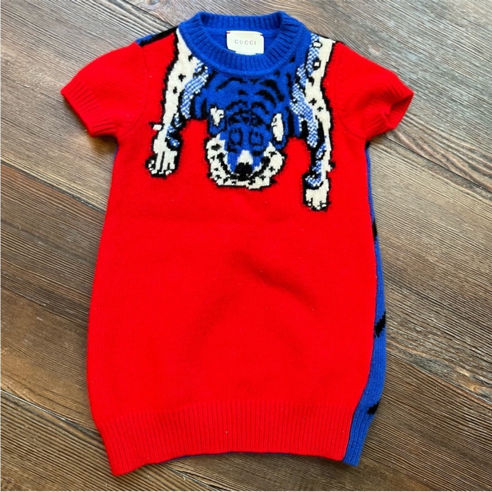 Gucci Red and Blue Knit Sweater with Tiger Motif